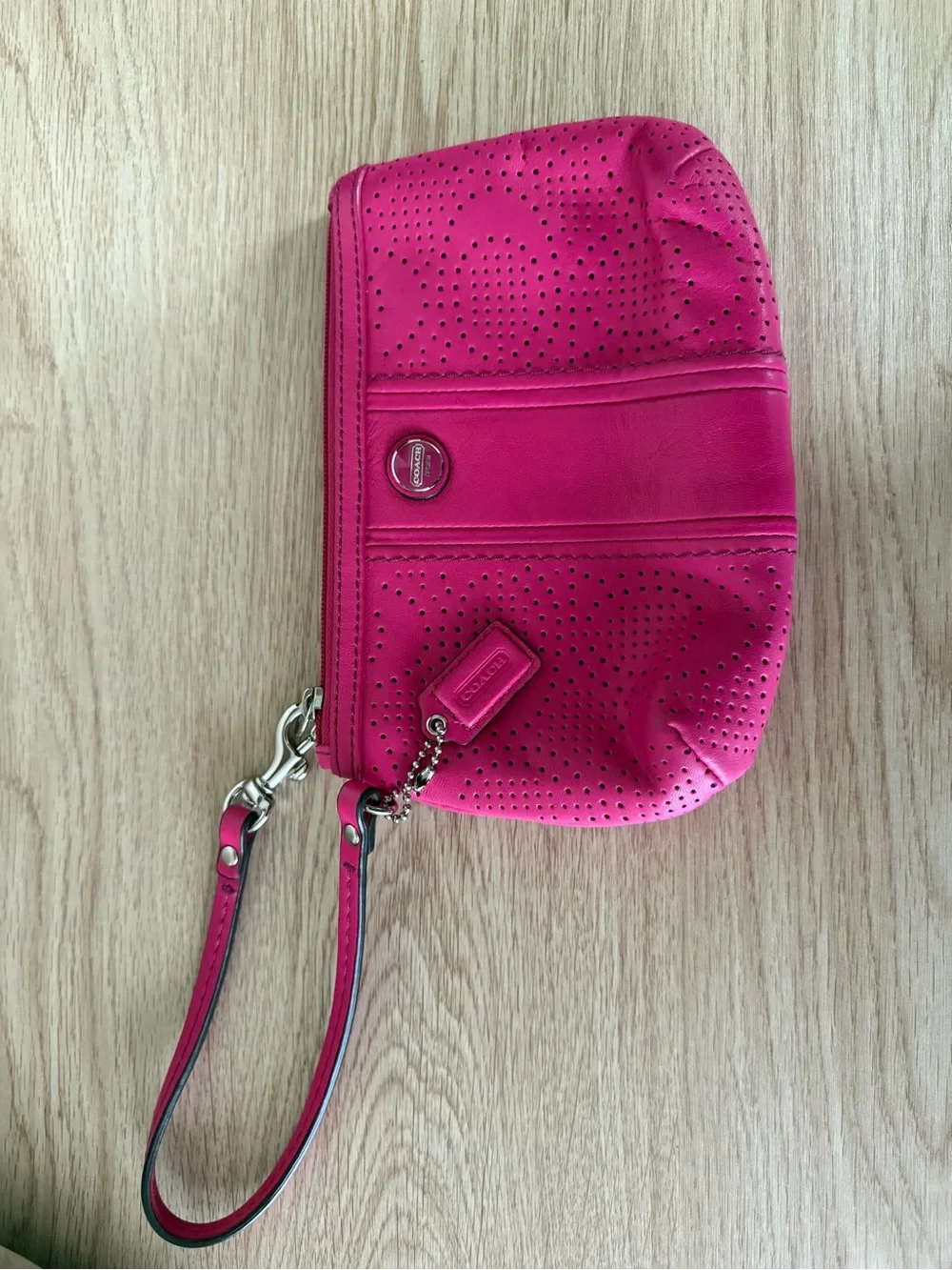 Coach Hot Pink Perforated Leather Wristlet Clutch Silver Hardware